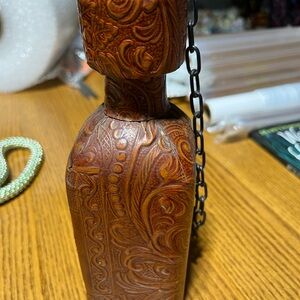 Intricately Carved Leather Covered Bottle with Chain Spain